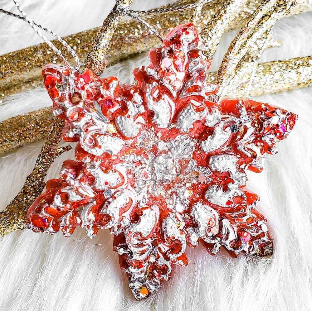 Handmade Christmas Tree Ornaments, Star, Snowflake, Red / Silver - Picture 1 of 11